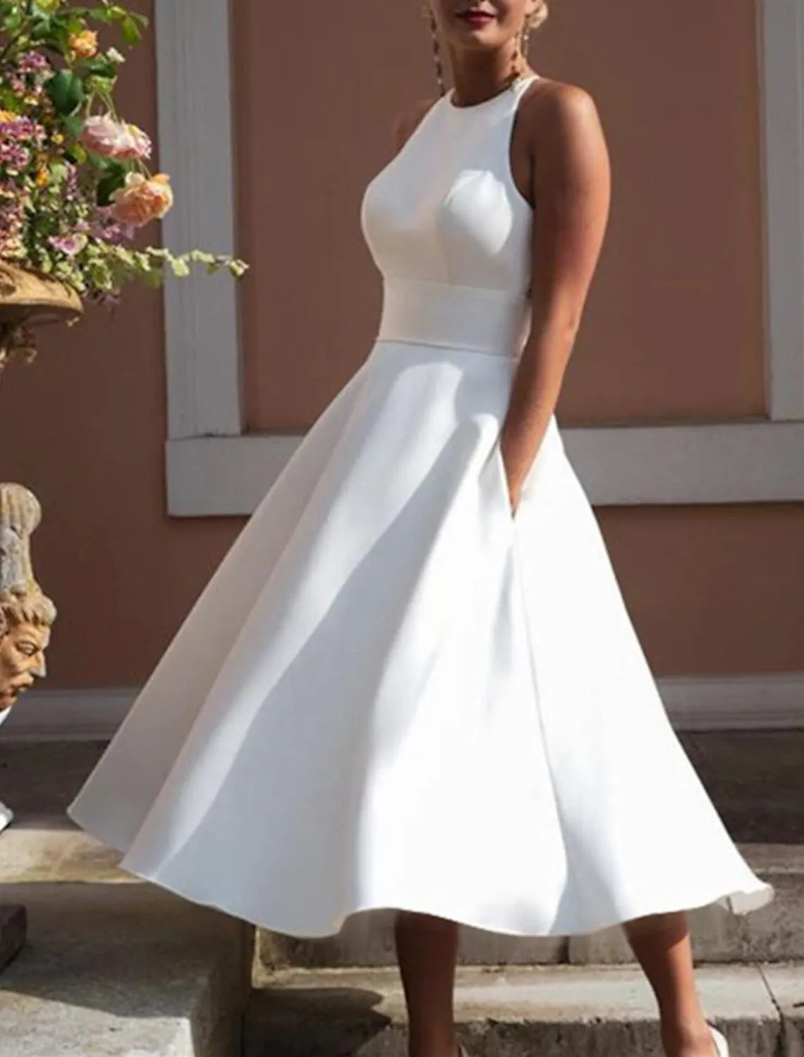 Luolandi Reception Little White Dresses Wedding Dresses A-Line Halter Neck Sleeveless Tea Length Satin Bridal Gowns