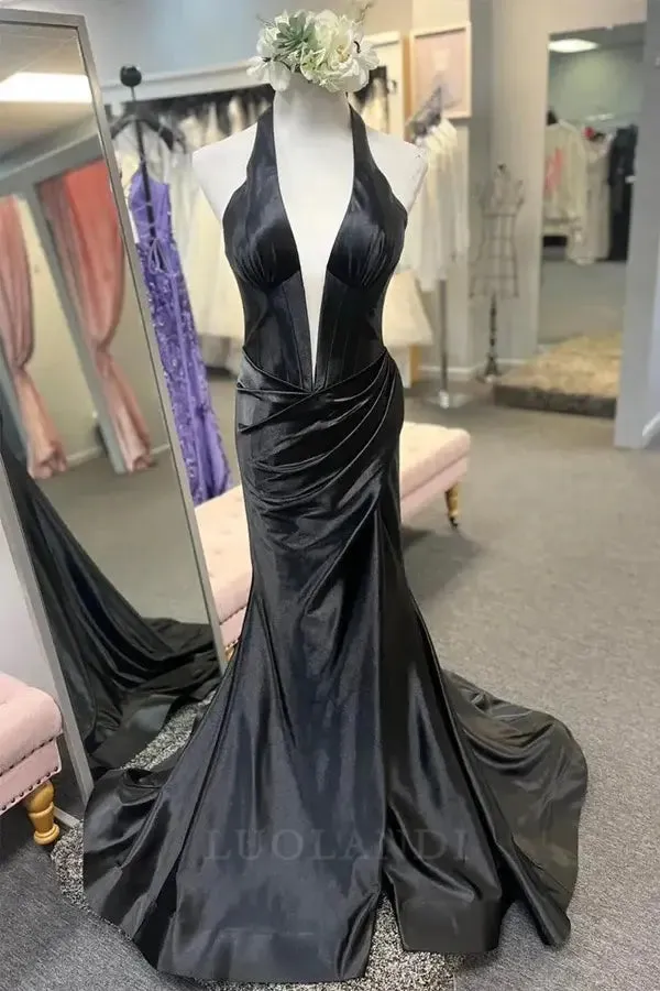 Luolandi Red Satin Halter Neck Mermaid Simple Long Prom Dresses Charming Evening Party Dress