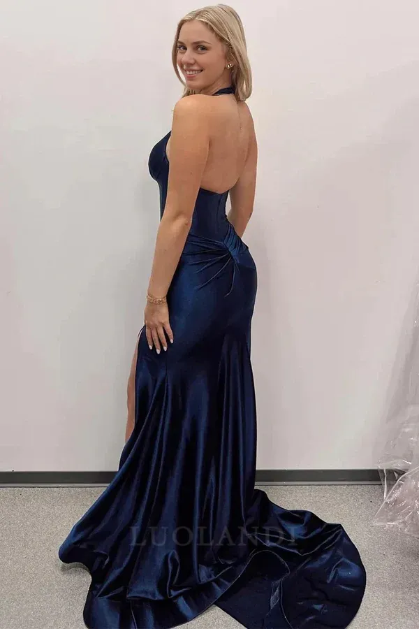 Luolandi Red Satin Halter Neck Mermaid Simple Long Prom Dresses Charming Evening Party Dress