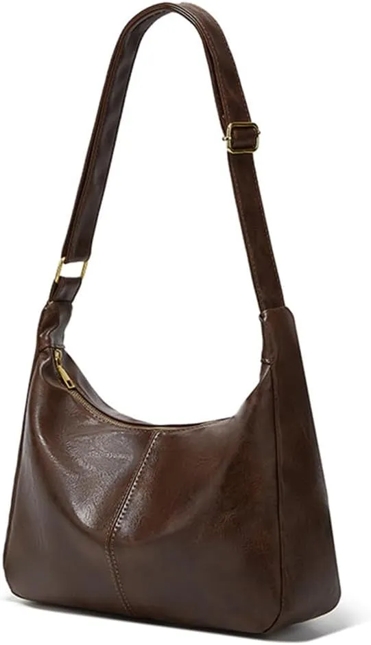Lushandy Shoulder Bag for Women, Soft PU Leather Crossbody Purse Brown Slouchy Hobo Bag Vintage Tote Bag