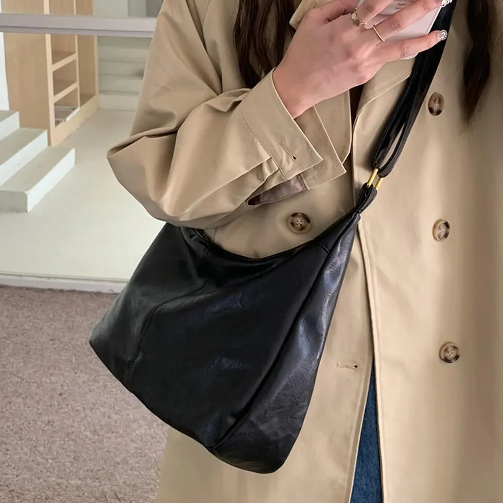 Lushandy Shoulder Bag for Women, Soft PU Leather Crossbody Purse Brown Slouchy Hobo Bag Vintage Tote Bag