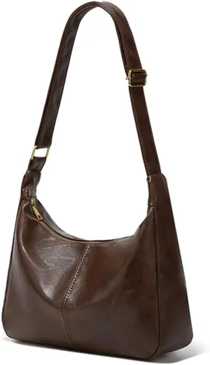 Lushandy Shoulder Bag for Women, Soft PU Leather Crossbody Purse Brown Slouchy Hobo Bag Vintage Tote Bag