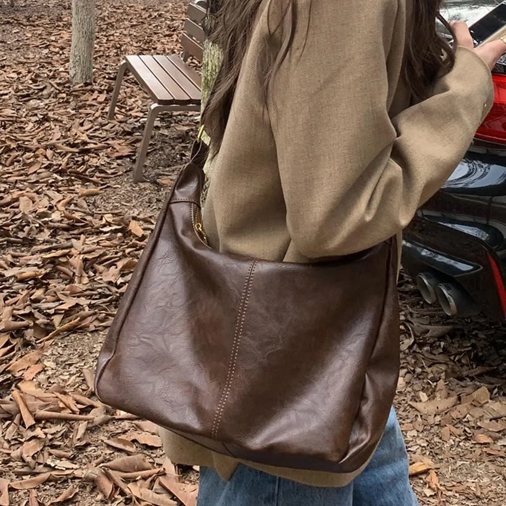 Lushandy Shoulder Bag for Women, Soft PU Leather Crossbody Purse Brown Slouchy Hobo Bag Vintage Tote Bag