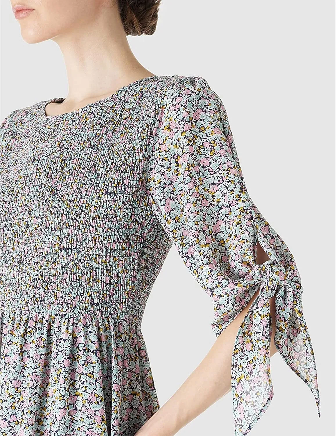 LUSMAY Women's Casual Tie 3/4 Sleeve Floral Maxi Dresses Summer Party Smocked Long Dress