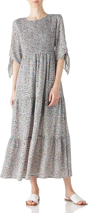 LUSMAY Women's Casual Tie 3/4 Sleeve Floral Maxi Dresses Summer Party Smocked Long Dress