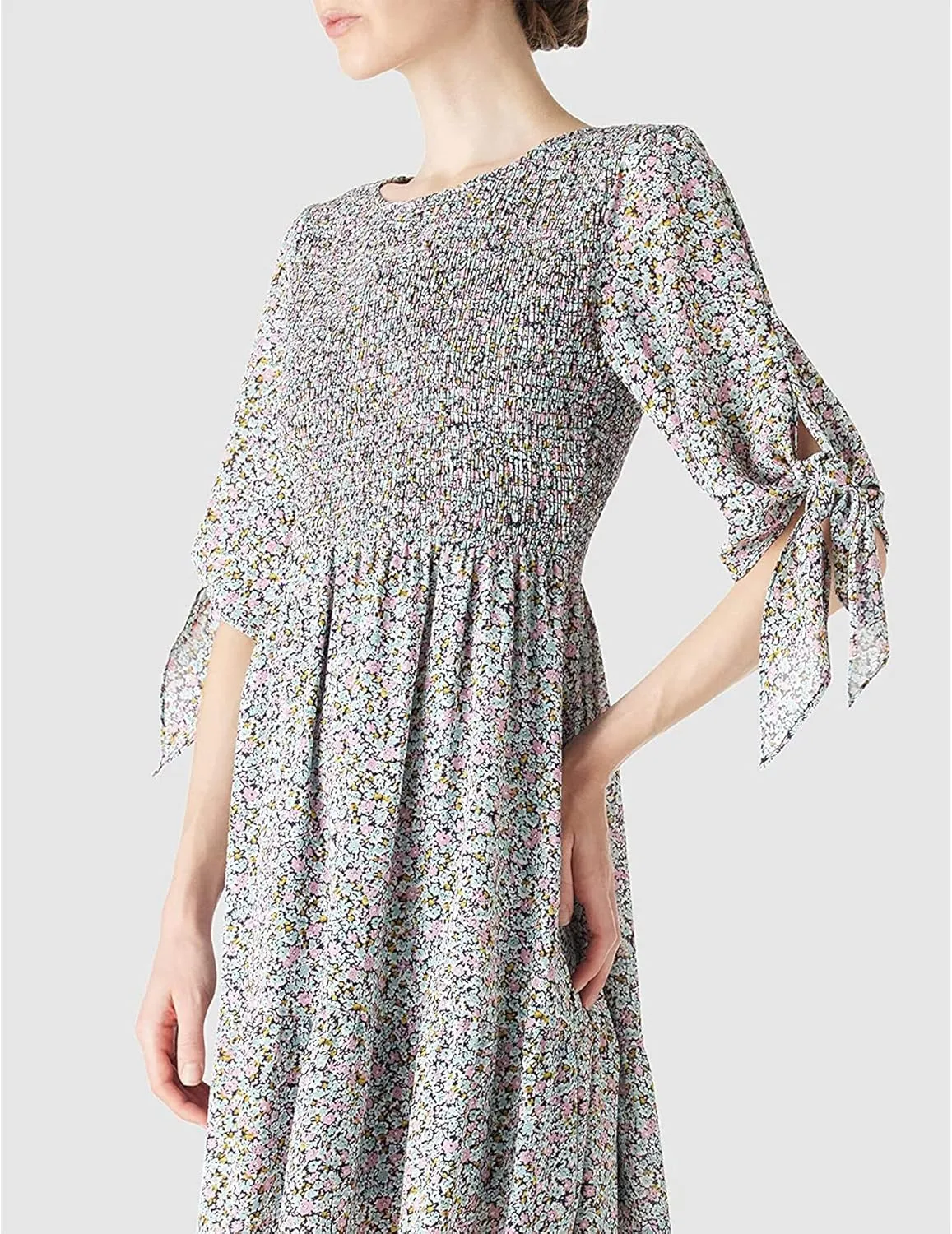 LUSMAY Women's Casual Tie 3/4 Sleeve Floral Maxi Dresses Summer Party Smocked Long Dress