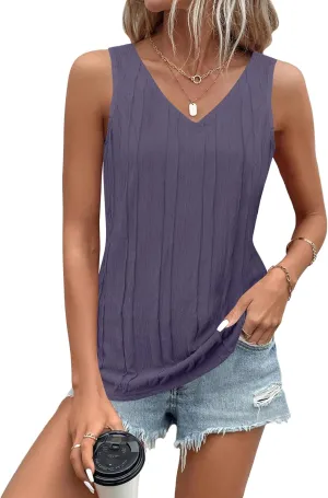 LUYAA Women's Summer V Neck Tank Tops Casual Textured Sleeveless Shirts Loose Basic Tanks