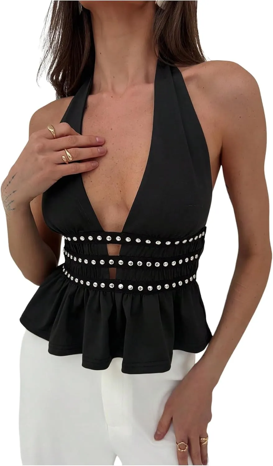 MakeMeChic Women's Metal Halter Tops Open Back Ruffle Hem Sleeveless Tank Clubwear