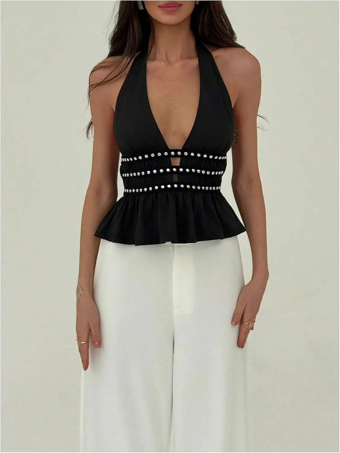 MakeMeChic Women's Metal Halter Tops Open Back Ruffle Hem Sleeveless Tank Clubwear