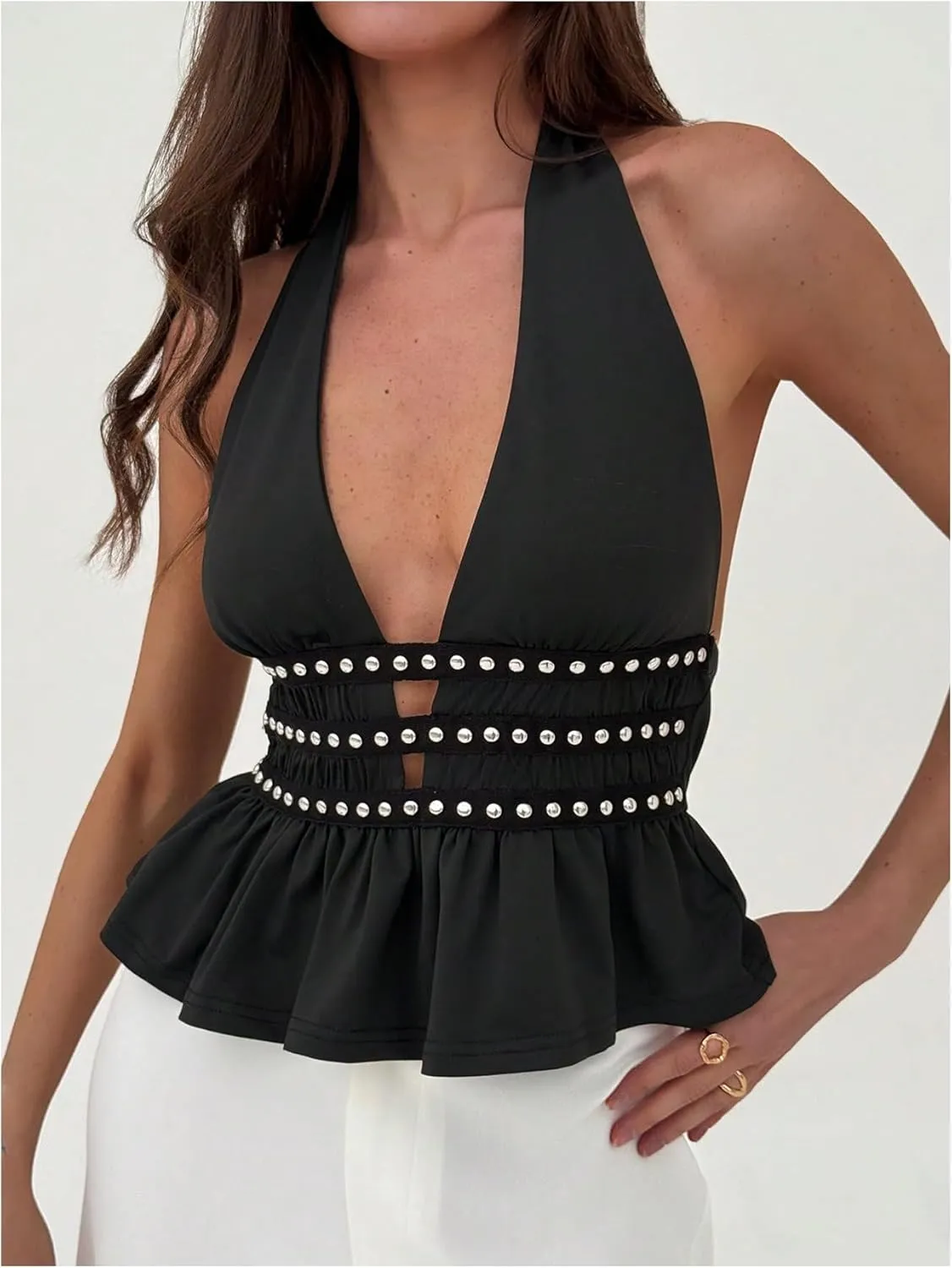 MakeMeChic Women's Metal Halter Tops Open Back Ruffle Hem Sleeveless Tank Clubwear