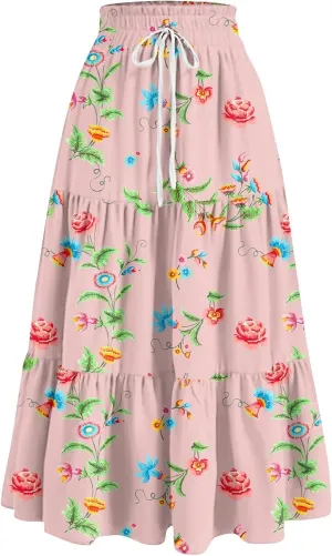 Maxi Skirts for Women Drawstring High Waisted Ruffle Tiered Floral Long Skirts with Pockets Summer Boho Vacation Outfits