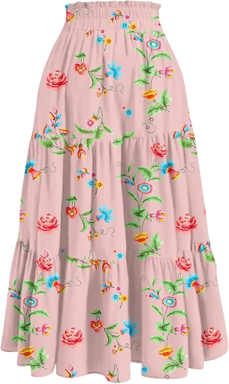 Maxi Skirts for Women Drawstring High Waisted Ruffle Tiered Floral Long Skirts with Pockets Summer Boho Vacation Outfits
