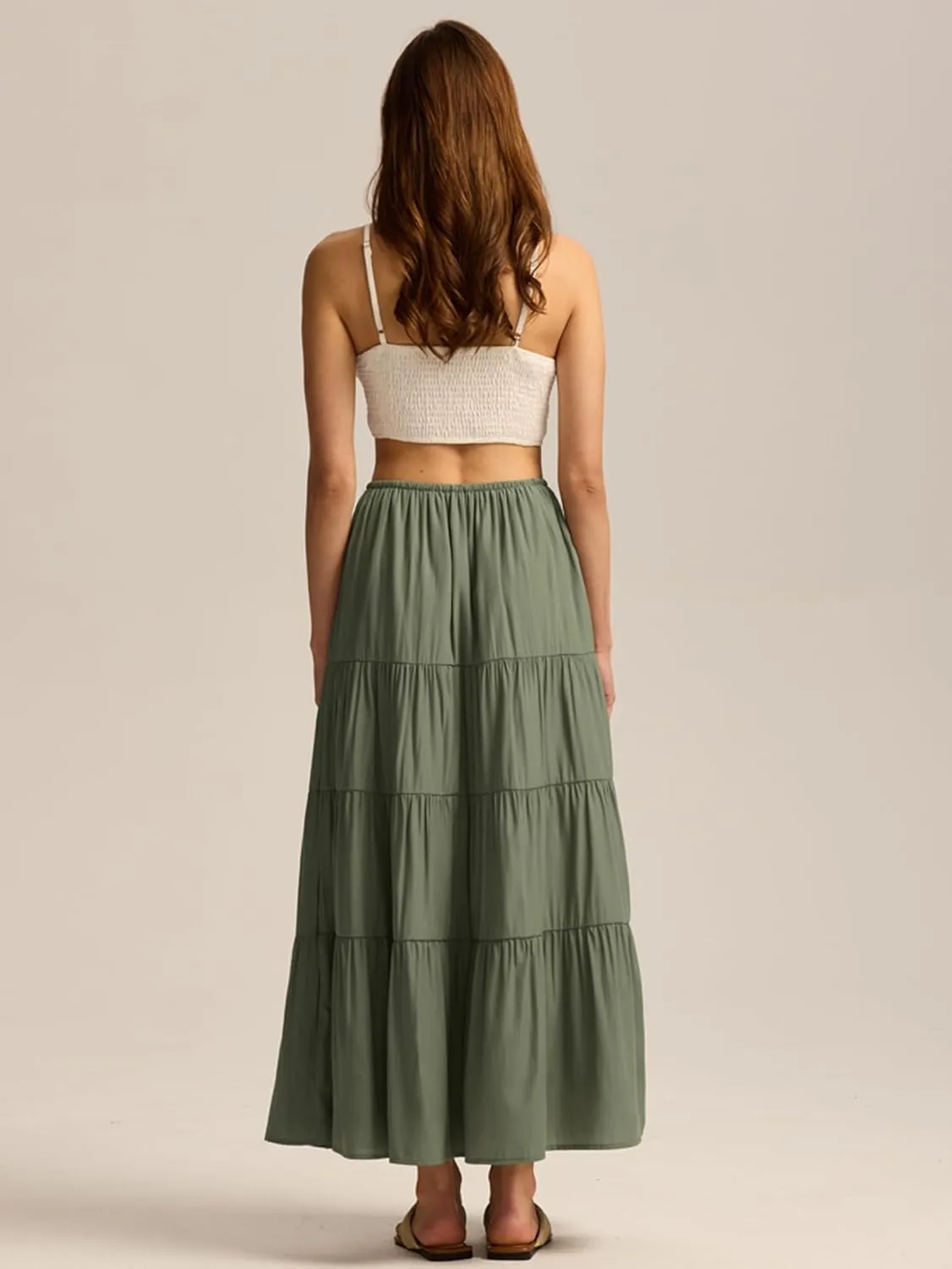 Maxi Skirts for Women Tiered Long Skirts Pleated A Line Adjustable Elastic Waist with Drawstring Flowy Long Skirt