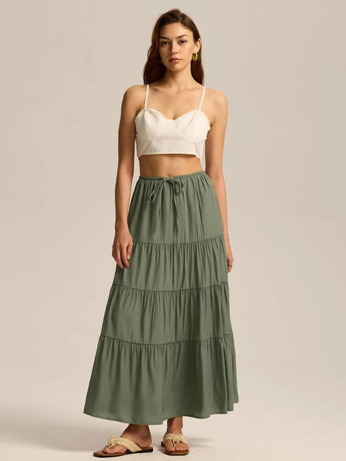 Maxi Skirts for Women Tiered Long Skirts Pleated A Line Adjustable Elastic Waist with Drawstring Flowy Long Skirt