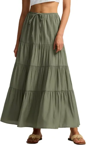 Maxi Skirts for Women Tiered Long Skirts Pleated A Line Adjustable Elastic Waist with Drawstring Flowy Long Skirt