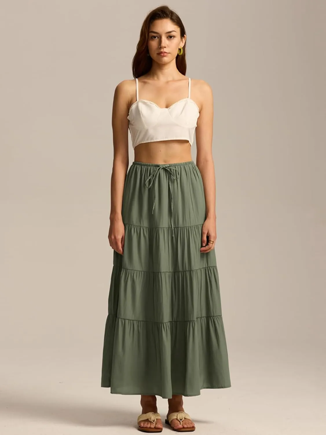 Maxi Skirts for Women Tiered Long Skirts Pleated A Line Adjustable Elastic Waist with Drawstring Flowy Long Skirt
