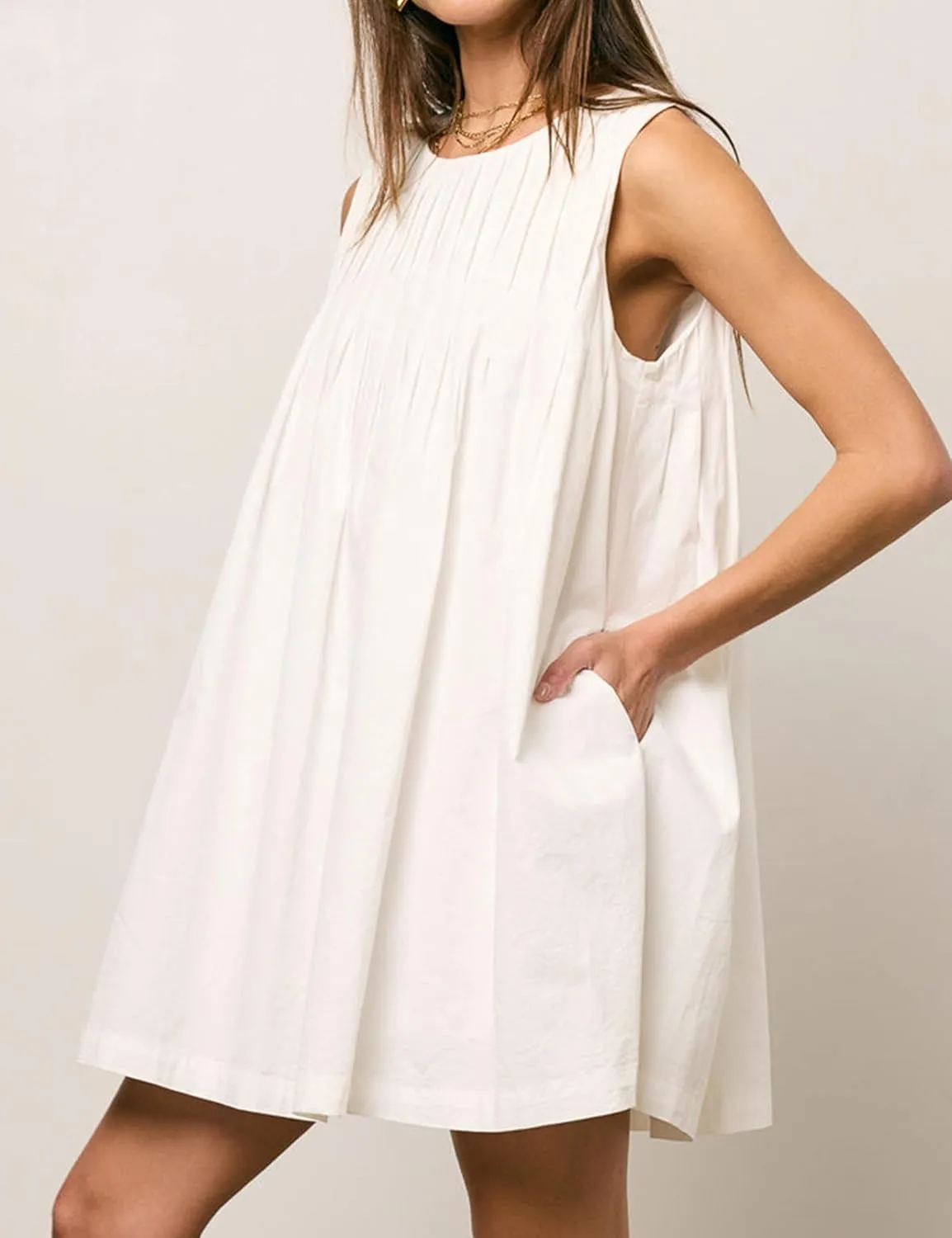 Meladyan Women's Sleeveless Babydoll Mini Dress Crewneck Pleated Loose Swing Tank Dresses Summer Beach Sundress