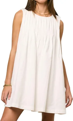 Meladyan Women's Sleeveless Babydoll Mini Dress Crewneck Pleated Loose Swing Tank Dresses Summer Beach Sundress