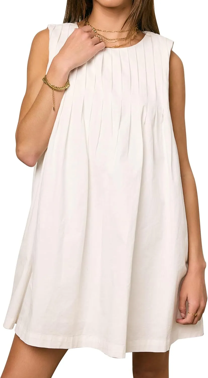 Meladyan Women's Sleeveless Babydoll Mini Dress Crewneck Pleated Loose Swing Tank Dresses Summer Beach Sundress