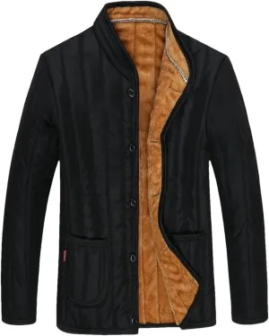 Men Winter Middle-Aged Stand Collar Single Breasted Cotton-Padded Jacket Dad Wool Coat