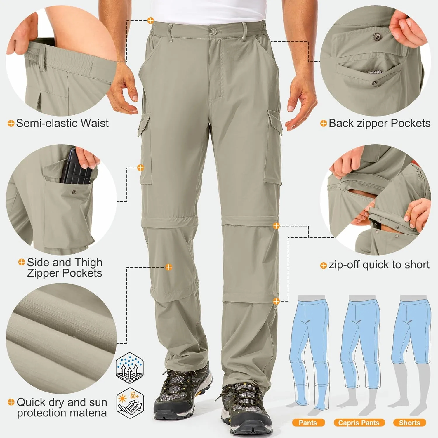 Mens Hiking Pants Convertible Quick-Dry-Stretch-Lightweight Zip-Off Outdoor Waterproof Safari Scouts Fishing Pants