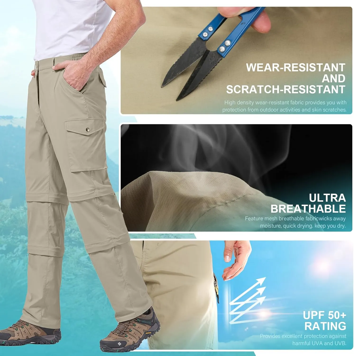 Mens Hiking Pants Convertible Quick-Dry-Stretch-Lightweight Zip-Off Outdoor Waterproof Safari Scouts Fishing Pants