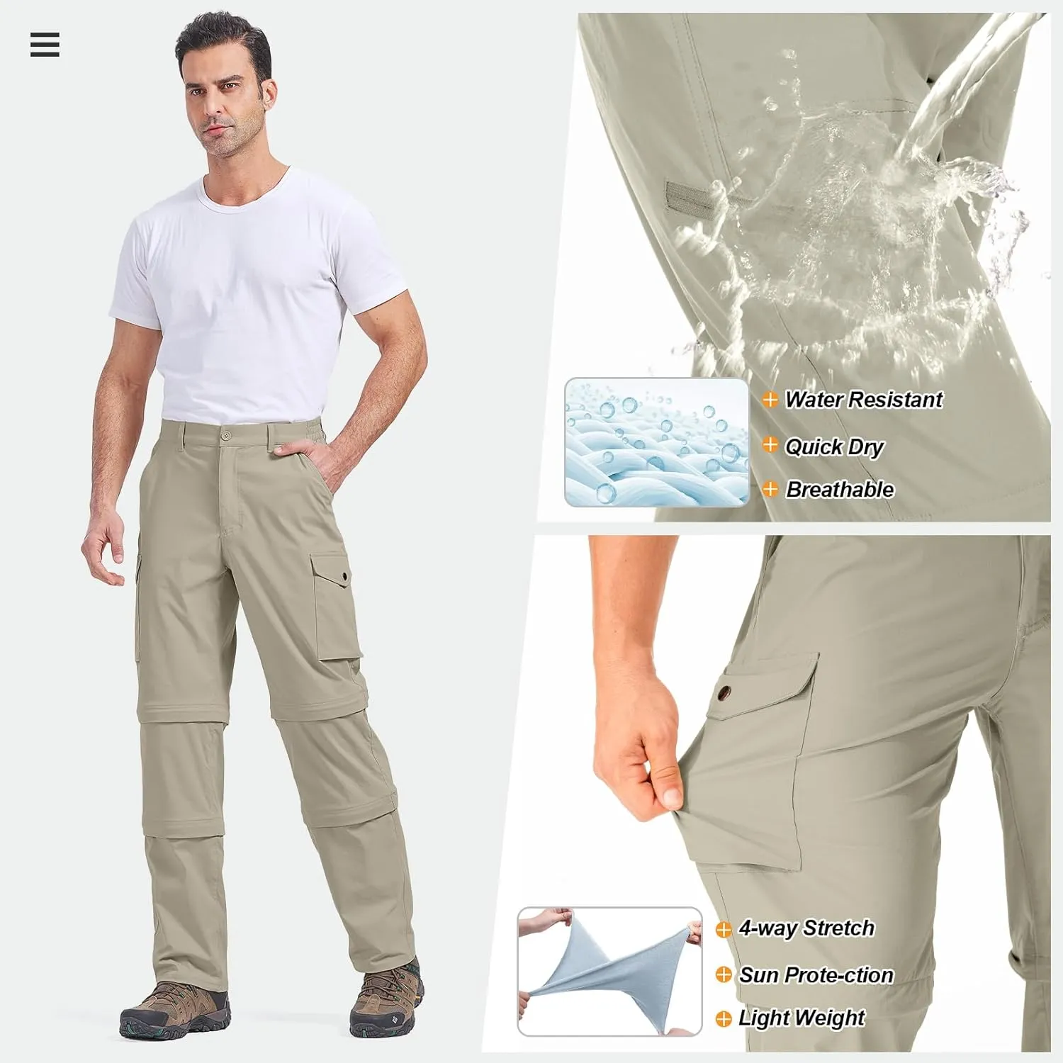 Mens Hiking Pants Convertible Quick-Dry-Stretch-Lightweight Zip-Off Outdoor Waterproof Safari Scouts Fishing Pants