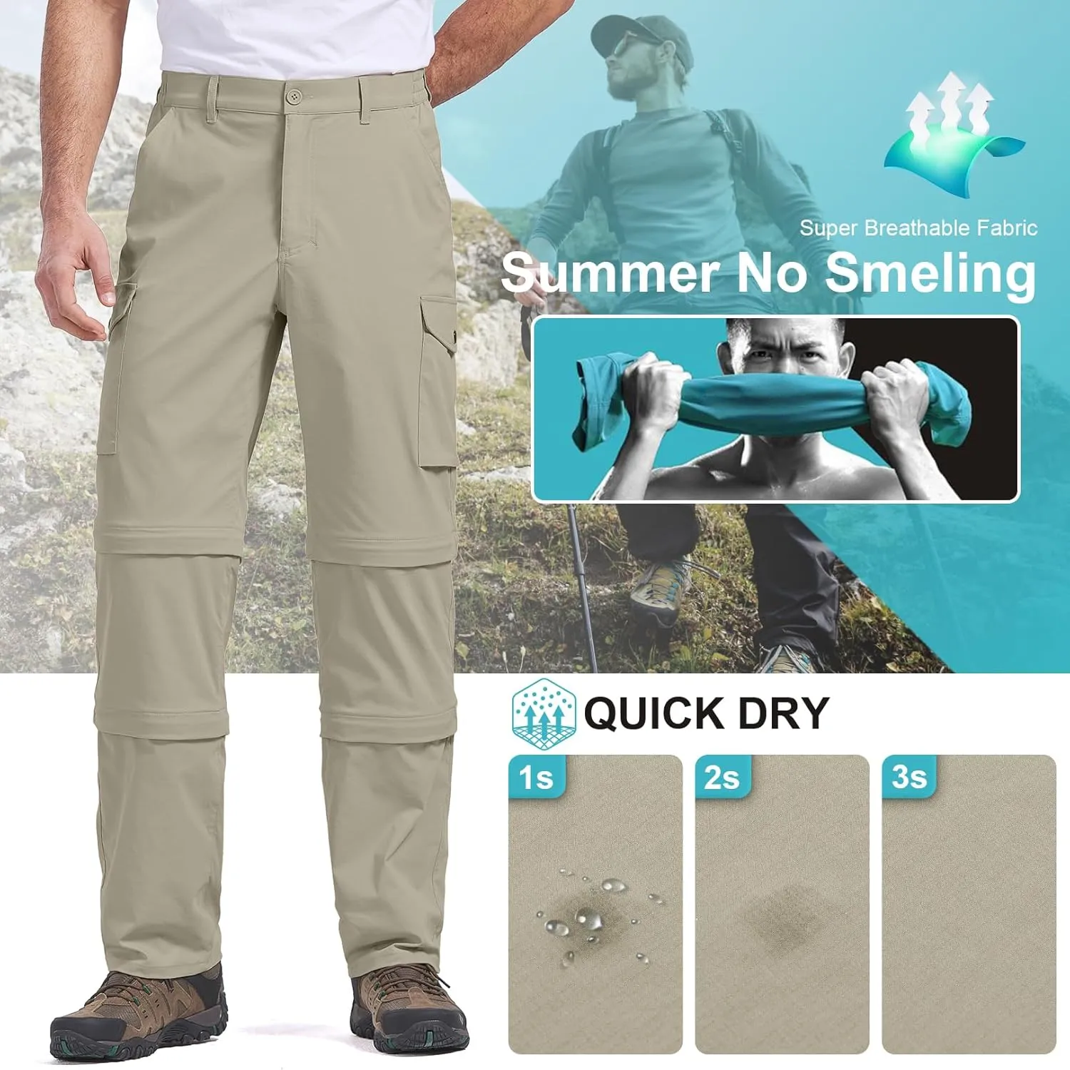Mens Hiking Pants Convertible Quick-Dry-Stretch-Lightweight Zip-Off Outdoor Waterproof Safari Scouts Fishing Pants