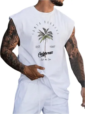 Men's Tropical Sleeveless Beach Tank Top Crew Neck Cut Off Vacation Summer Tanks