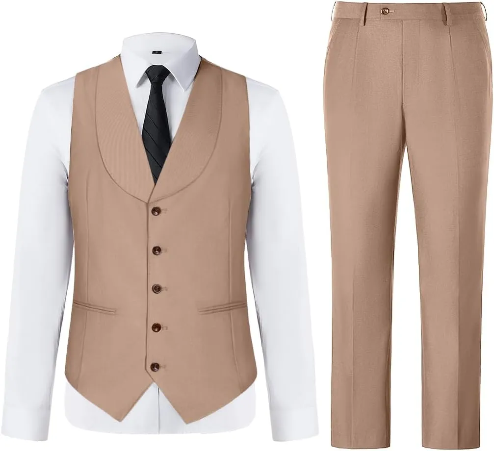 Mens Vest Pants Suits Set 2 Pieces Slim Fit Groomsmen Suit for Men Formal