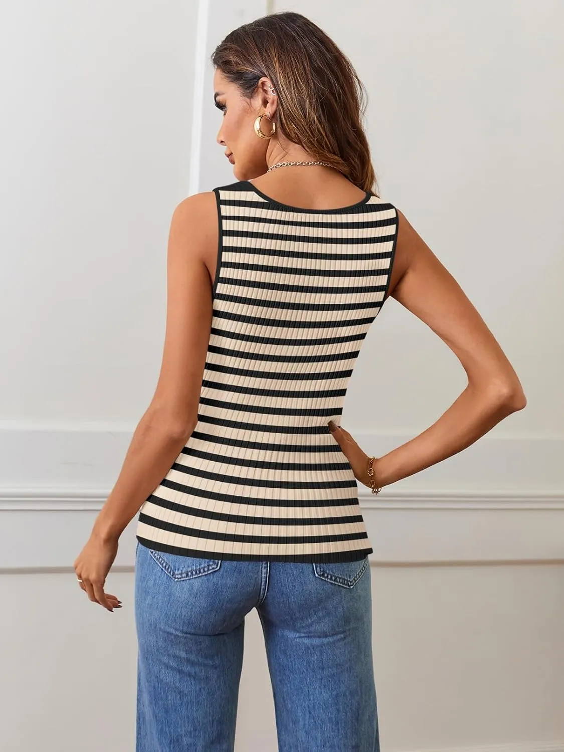 MEROKEETY Women's 2025 Sleeveless Ribbed Tank Tops Striped Knit Square Neck Shirts Summer Casual Basic Tanks
