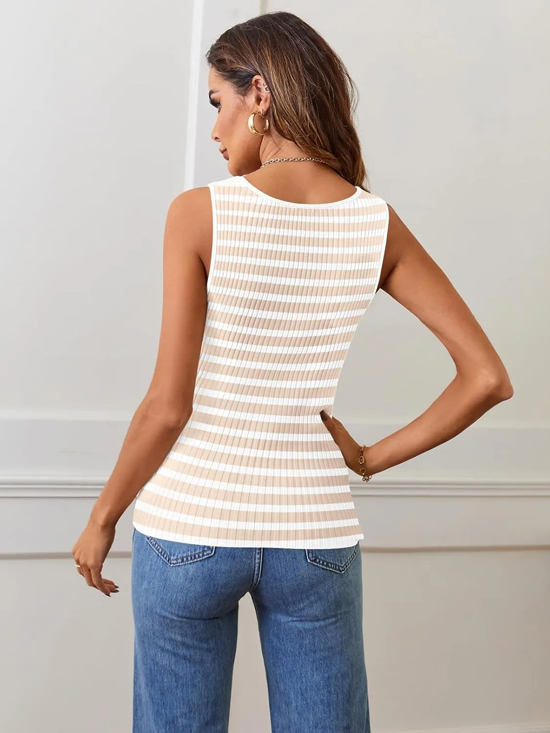 MEROKEETY Women's 2025 Sleeveless Ribbed Tank Tops Striped Knit Square Neck Shirts Summer Casual Basic Tanks