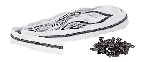 Metallic Zipper by The Yard Bulk 10 Yard Black Zipper Roll for Sewing, Upholstery with 25 Gun Metal Sliders, 5 Nylon Coil; by Mandala Crafts