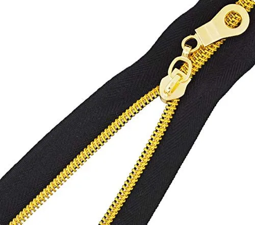 Metallic Zipper by The Yard Bulk 10 Yard Black Zipper Roll for Sewing, Upholstery with 25 Gun Metal Sliders, 5 Nylon Coil; by Mandala Crafts