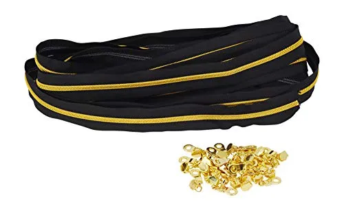 Metallic Zipper by The Yard Bulk 10 Yard Black Zipper Roll for Sewing, Upholstery with 25 Gun Metal Sliders, 5 Nylon Coil; by Mandala Crafts