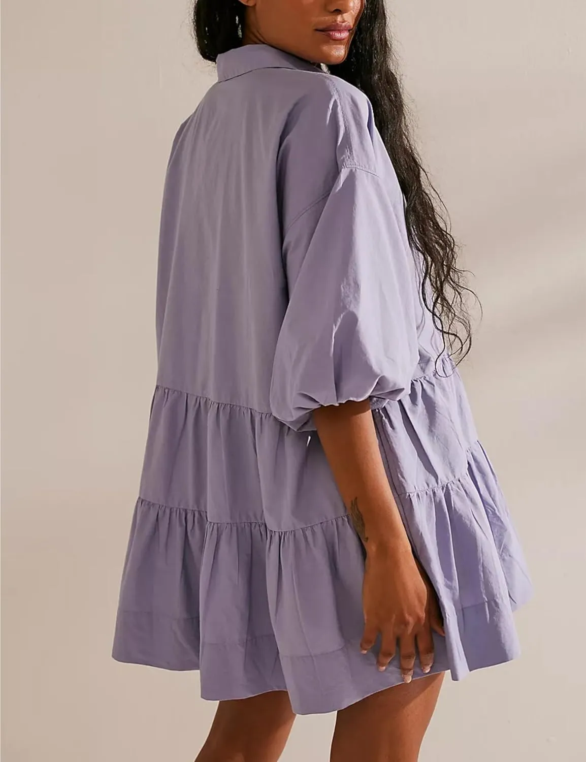 Mingzhu Womens Summer Tiered Puff Sleeve Shirtdress Flowy A-line Babydoll Mini Dress