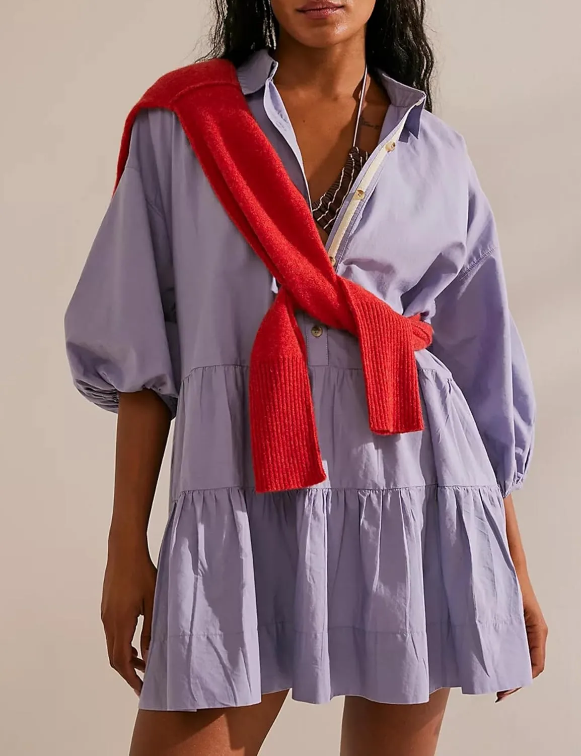 Mingzhu Womens Summer Tiered Puff Sleeve Shirtdress Flowy A-line Babydoll Mini Dress