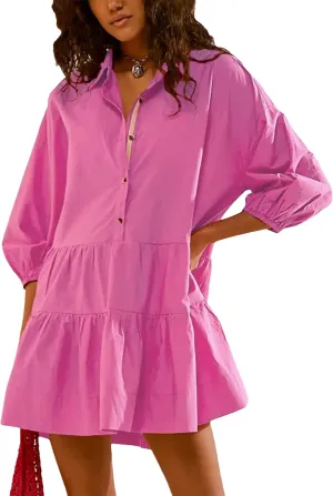 Mingzhu Womens Summer Tiered Puff Sleeve Shirtdress Flowy A-line Babydoll Mini Dress