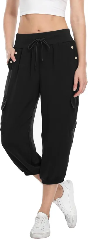 MISS MOLY Women's Capris Cropped Pants Loose Harem Pants Sweatpants Joggers Cargo with Pockets Black XL