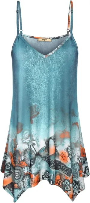 Miusey Womens Handkerchief Hem Sleeveless Flowy Tunic Tops Summer Casual Adjustable Spaghetti Strap Camisoles Long Tank Tops