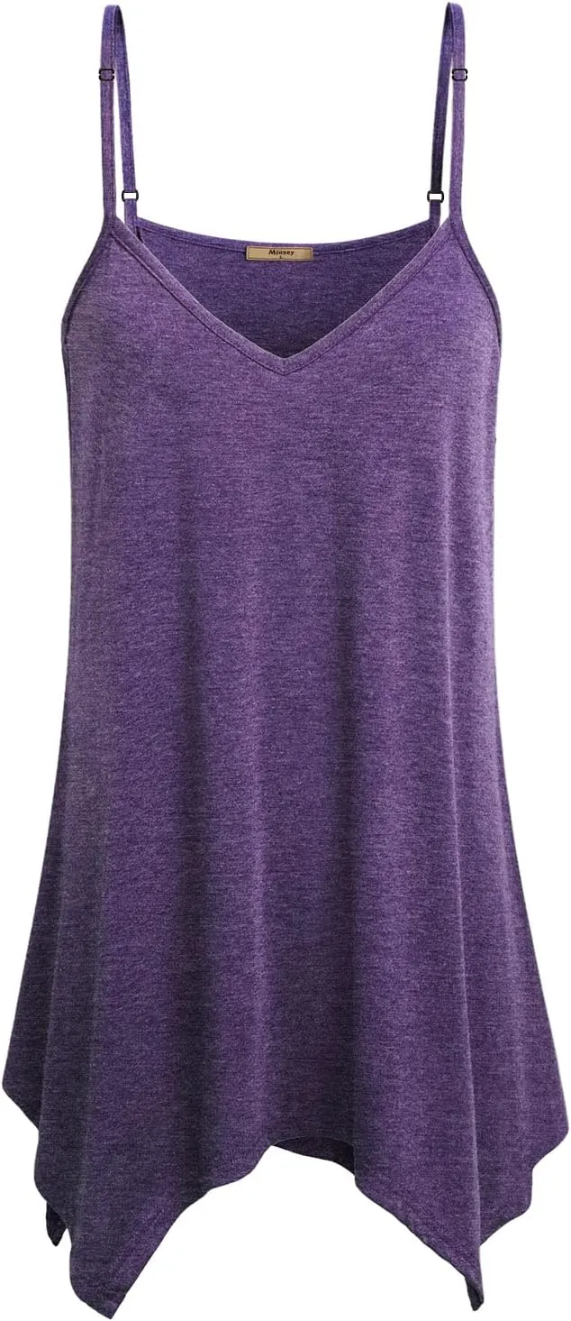 Miusey Womens Handkerchief Hem Sleeveless Flowy Tunic Tops Summer Casual Adjustable Spaghetti Strap Camisoles Long Tank Tops