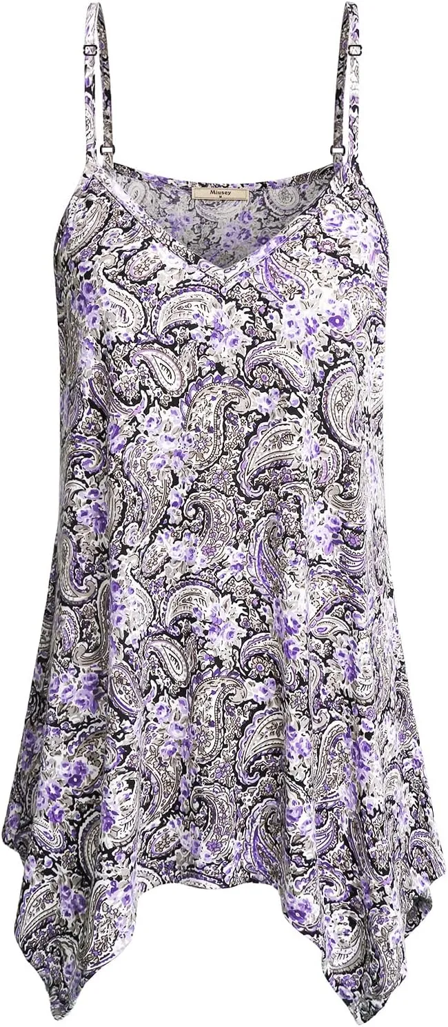 Miusey Womens Handkerchief Hem Sleeveless Flowy Tunic Tops Summer Casual Adjustable Spaghetti Strap Camisoles Long Tank Tops