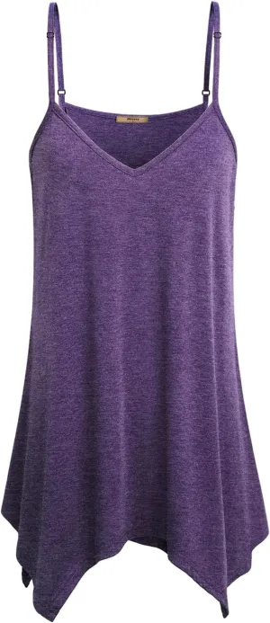 Miusey Womens Handkerchief Hem Sleeveless Flowy Tunic Tops Summer Casual Adjustable Spaghetti Strap Camisoles Long Tank Tops