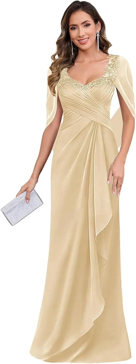 Mother of The Bride Dresses Long for Women Chiffon Cape Sleeve Lace Applique Evening Formal Dress
