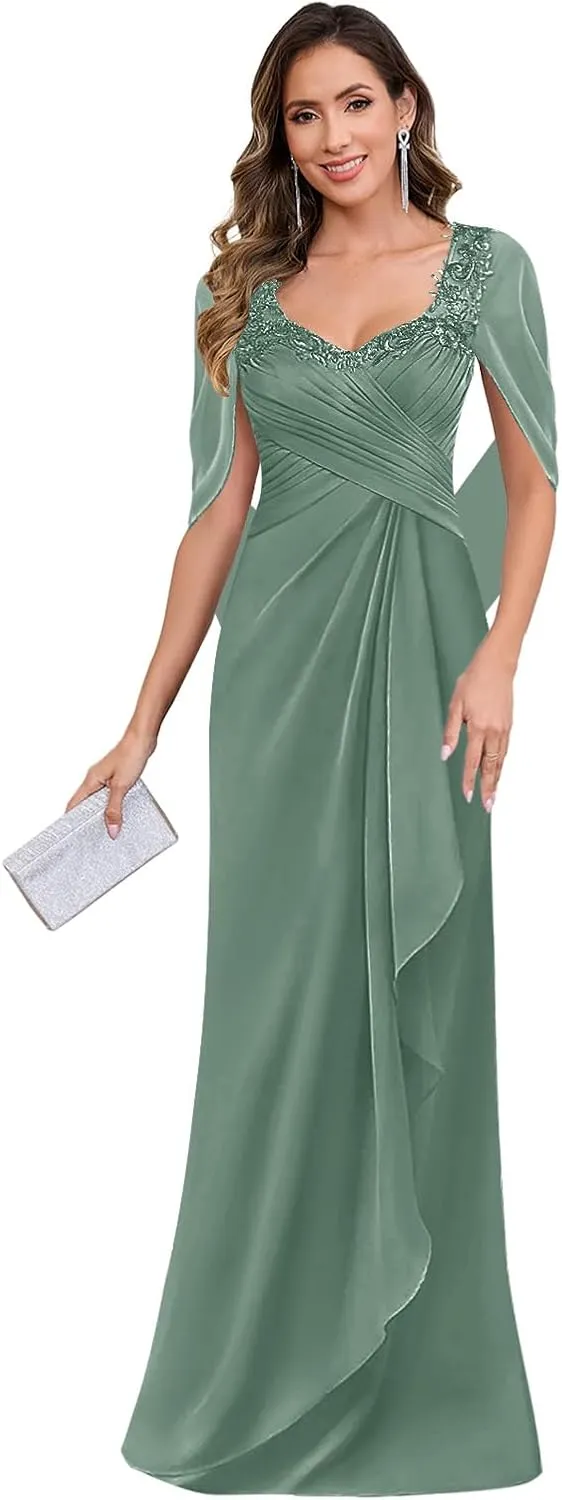 Mother of The Bride Dresses Long for Women Chiffon Cape Sleeve Lace Applique Evening Formal Dress