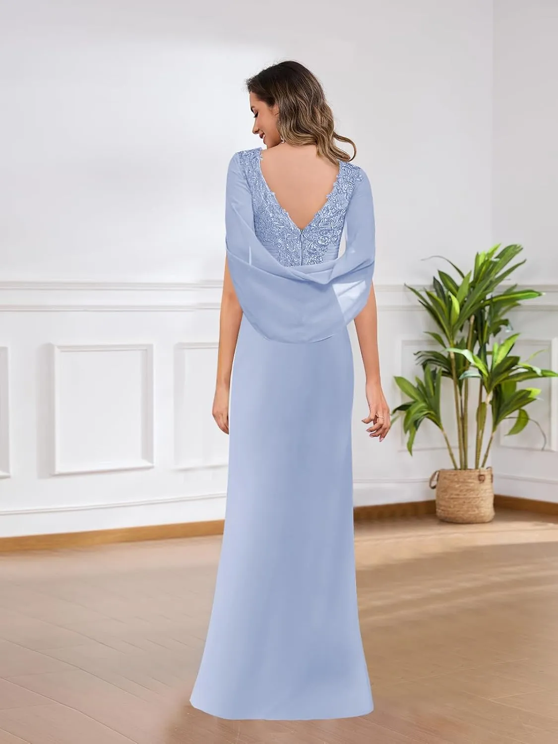 Mother of The Bride Dresses Long for Women Chiffon Cape Sleeve Lace Applique Evening Formal Dress