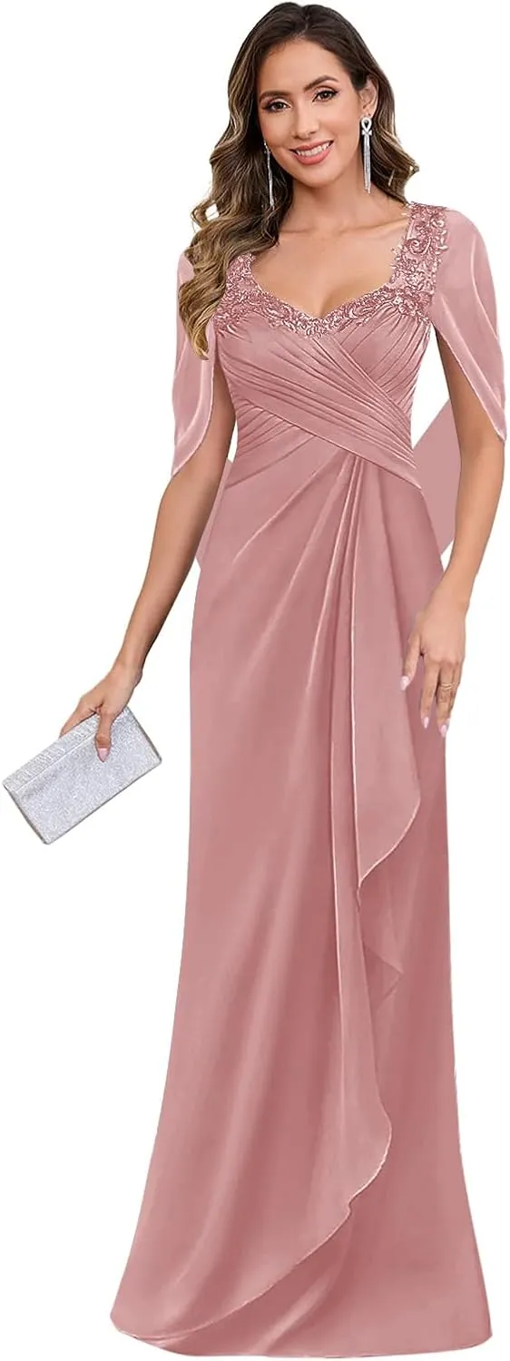 Mother of The Bride Dresses Long for Women Chiffon Cape Sleeve Lace Applique Evening Formal Dress