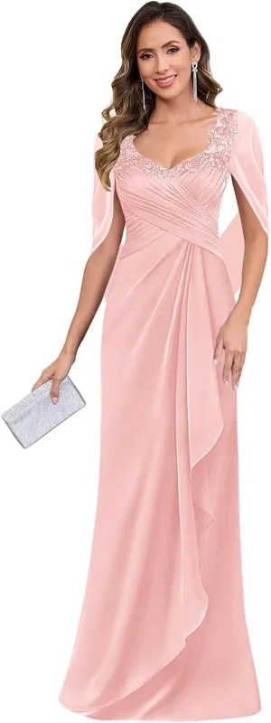 Mother of The Bride Dresses Long for Women Chiffon Cape Sleeve Lace Applique Evening Formal Dress