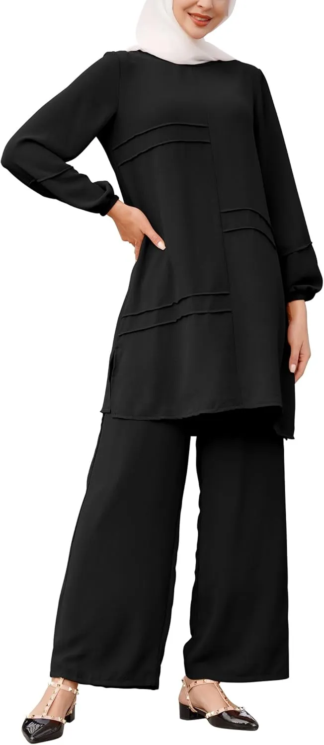 Muslim Casual 2 Piece Set for Women Loose Top Wide Leg Pants Dubai Abaya Islamic Two Piece Outfit Prayer Clothes S-5XL