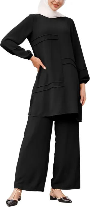 Muslim Casual 2 Piece Set for Women Loose Top Wide Leg Pants Dubai Abaya Islamic Two Piece Outfit Prayer Clothes S-5XL